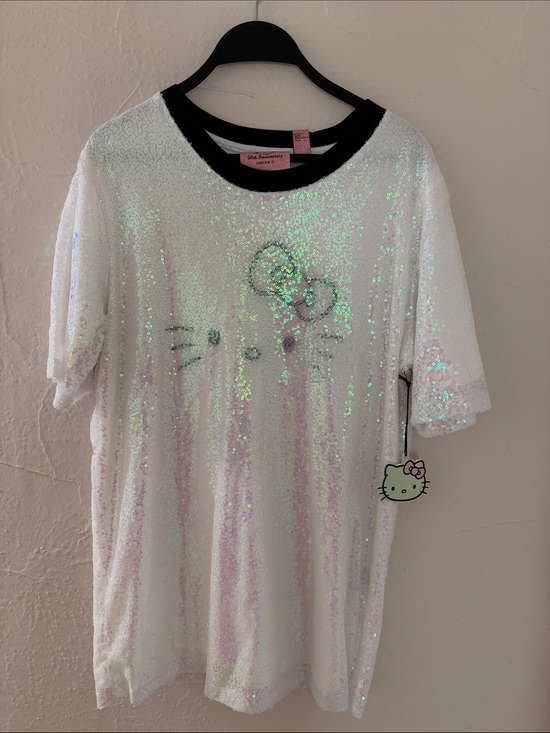 Hello Kitty Tops - Hello Kitty White Sequin Short Sleeve Tee with Black Trim size Small but it long